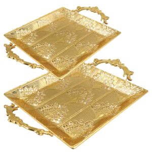 Luxury Gold-Plated Metal Serving Tray with Ornate Handles | Elegant Decorative Square Tray for Home & Events - 602