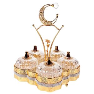 Elegant Gold-Plated Fruit & Snack Serving Tray with Crystal Lids and Crescent Moon Handle Luxury Table Decor - 791