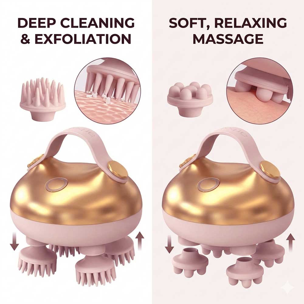 Smart Scalp Massager with 8 Interchangeable Heads, Waterproof Handheld Head Massager for Hair Growth, Stress Relief & Deep Cleaning, 3 Speed Modes, Rechargeable Spa Tool for Home & Travel - الصورة 2